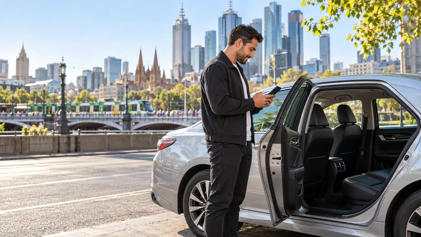Rideshare driver checking Uber Comfort eligibility beside a Toyota Camry Hybrid in Melbourne.
