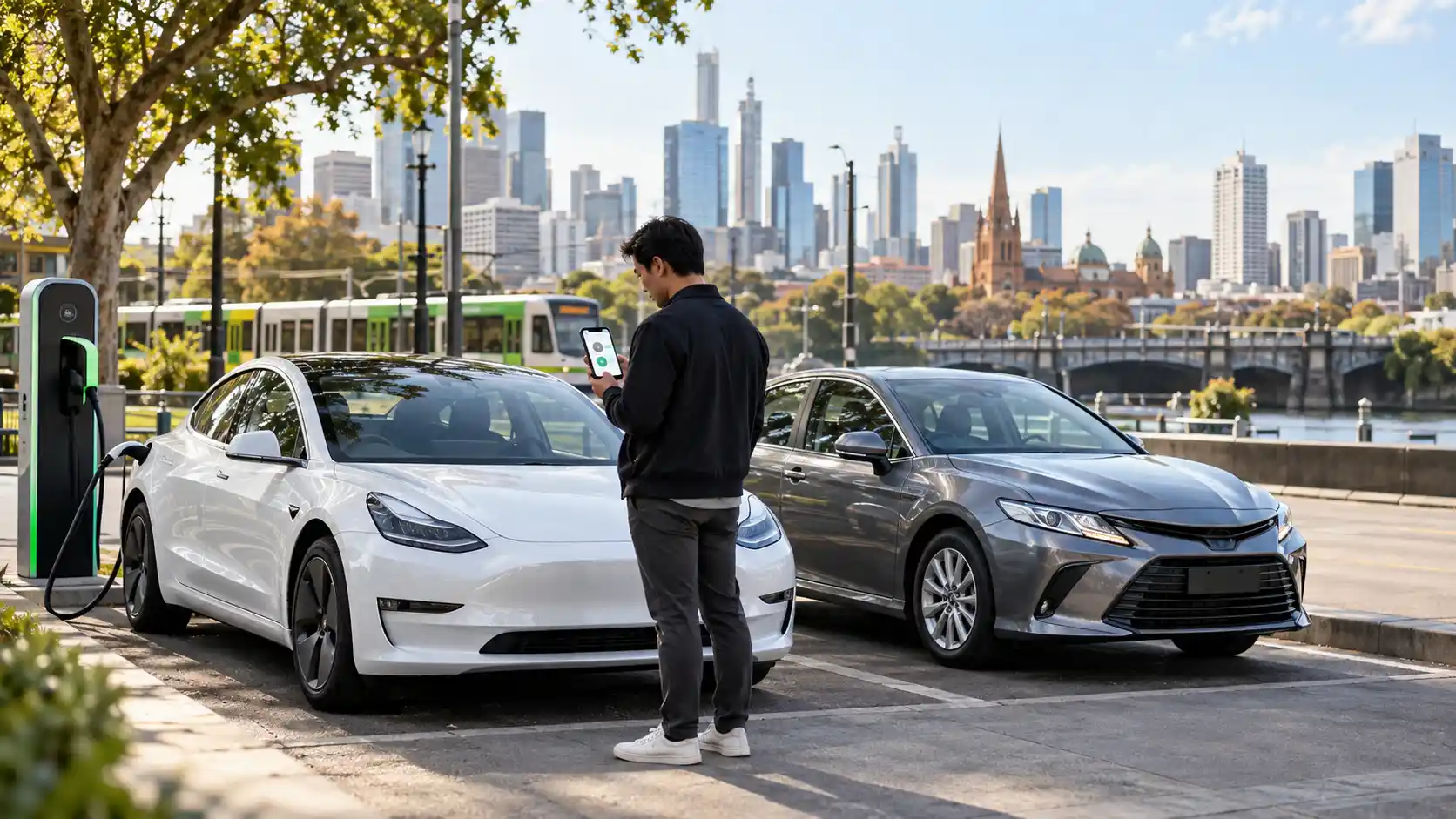 Rideshare driver comparing an electric car and hybrid vehicle for Uber Green eligibility in Melbourne.